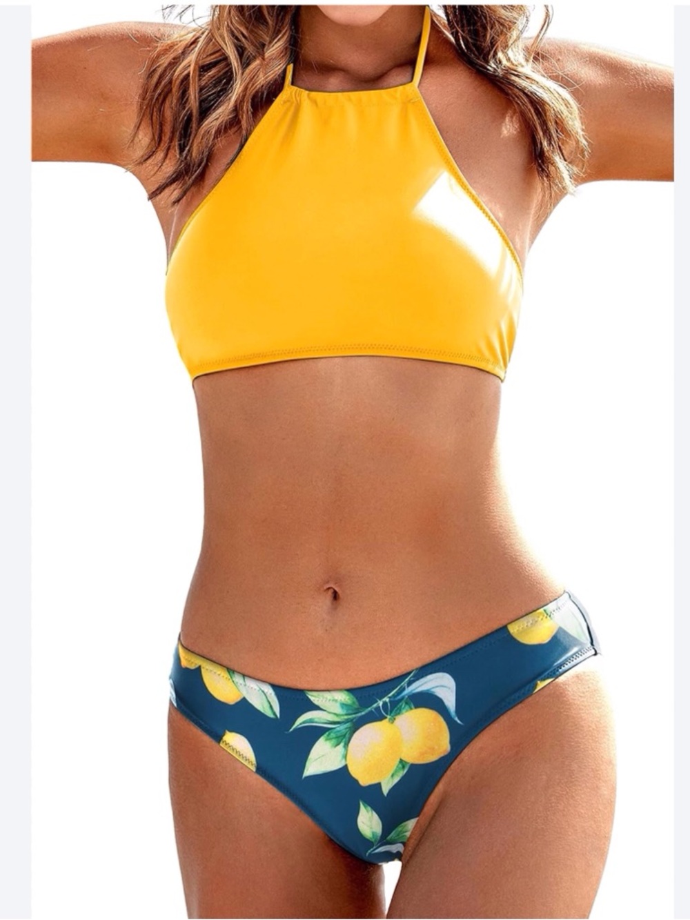 Yellow Halter Bikini Top with Blue Lemon-Print Bottom - Women's Swim Set